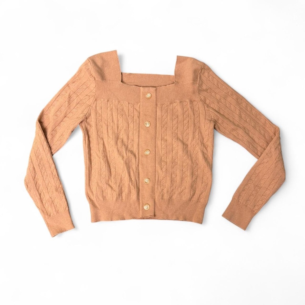 DuiBai Peachy Tan Cable Knit Square Neck Button Up Cardigan Sweater 21001225-5